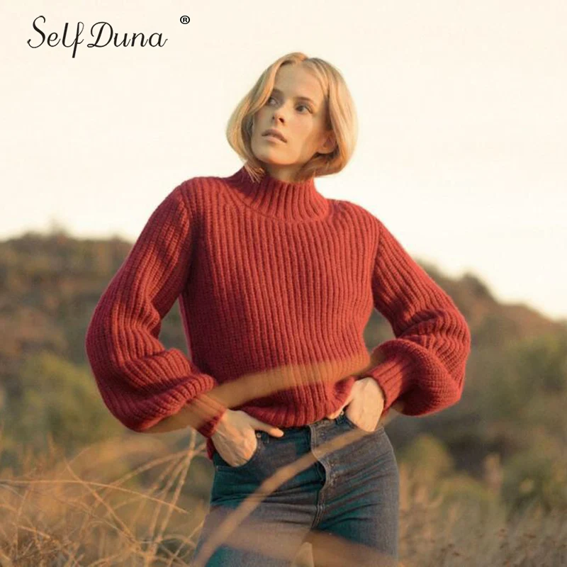 Self Duna 2018 Autumn Winter Half Turtleneck Sweater Soft Warm Knitted Pullover Red Grey Balck Casual Women Jumper | Женская одежда