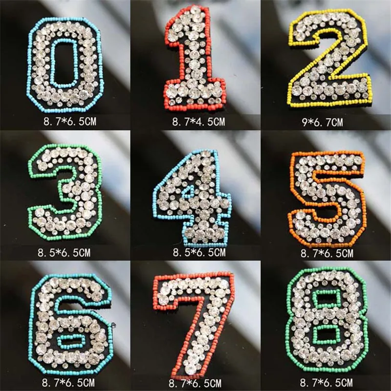 Large Size 0-9 Number Rhinestones beads patches Baseball Uniform DIY Applique Sew On Water Drill Parches for Clothes Bags