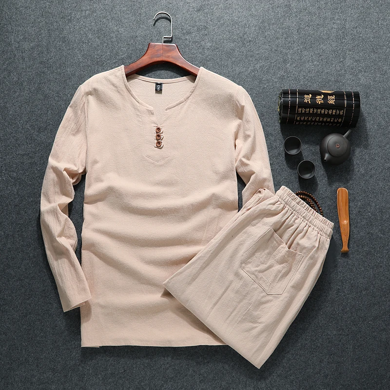 

Big size men women linen t shirt sets M-8XL 9XL t shirt long sleeve t shirts casual v-neck loose two-piece suit t shirts sets