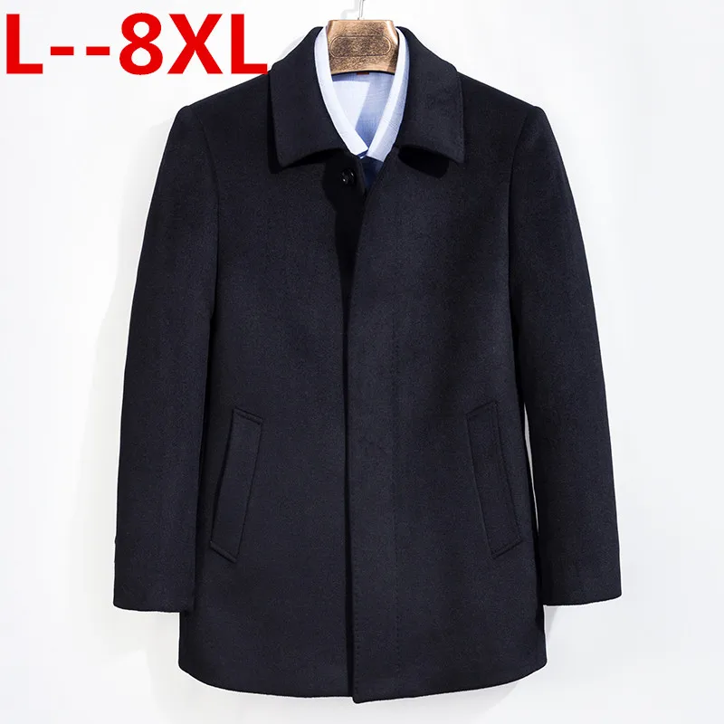 8XL 6XL 5XL, мужское кашемировое пальто среднего возраста, мужской шерстяной Тренч с отложным воротником, однобортная шерстяная Верхняя одежда на осень и зиму - Цвет: Черный