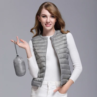 4XL теплый жилет на 90% белом утином пуху для женщин, зимний пуховик, короткий тонкий жилет без рукавов, Colete, весенний Однотонный женский жилет - Цвет: Серый