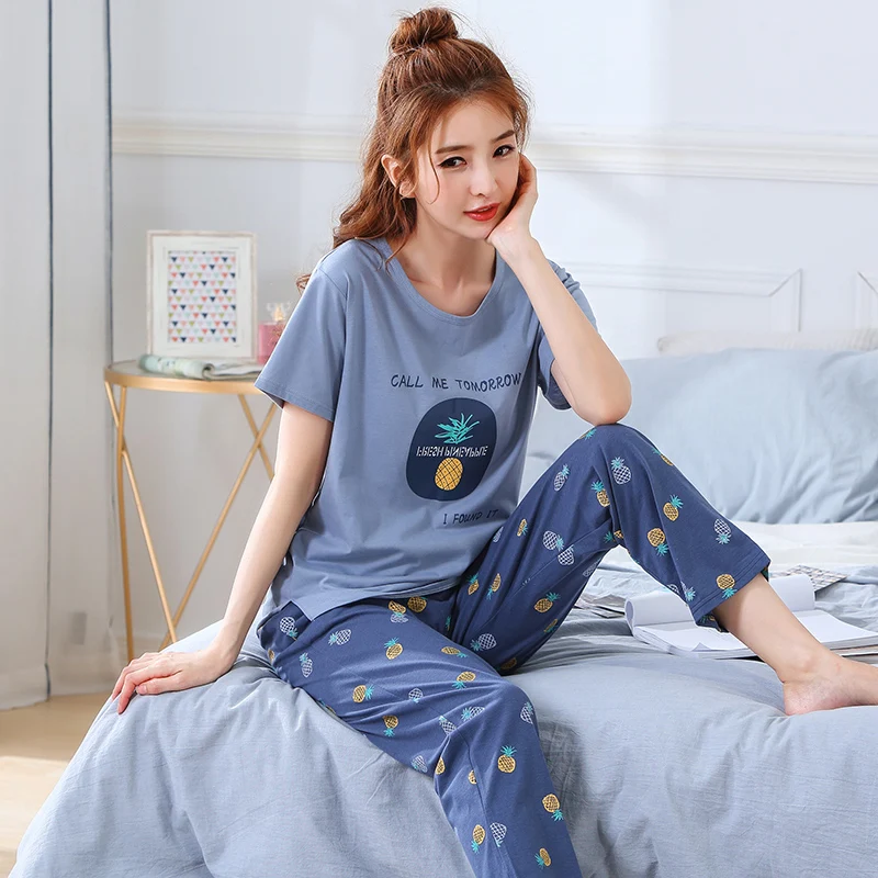 Летняя Пижама Женская хлопковая мультяшная с коротким рукавом и круглым вырезом повседневная женская