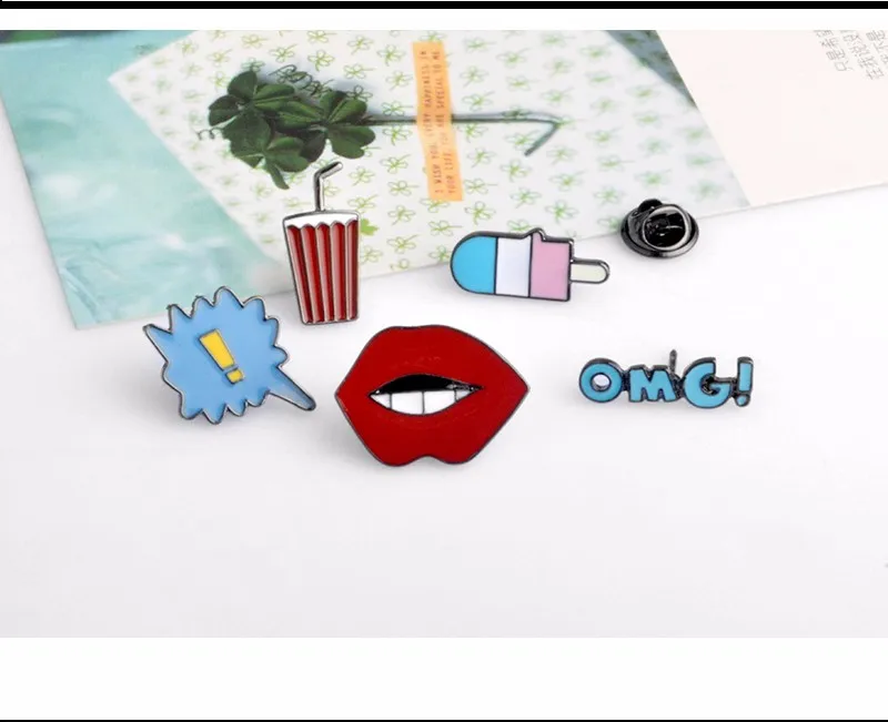 

5pcs/set Cola cup Lip Ice cream Exclamation point OMG Badges Brooches button pin Mini lapel pin Cartoon Jewelry gift for friends