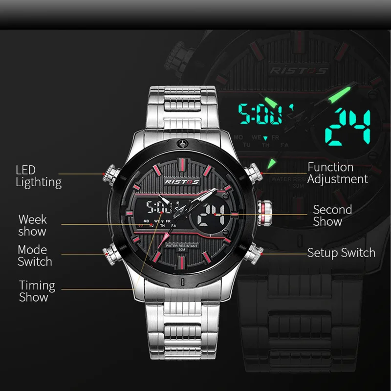 RISTOS Спорт цифровые часы Для мужчин военные электронные наручные светодио дный