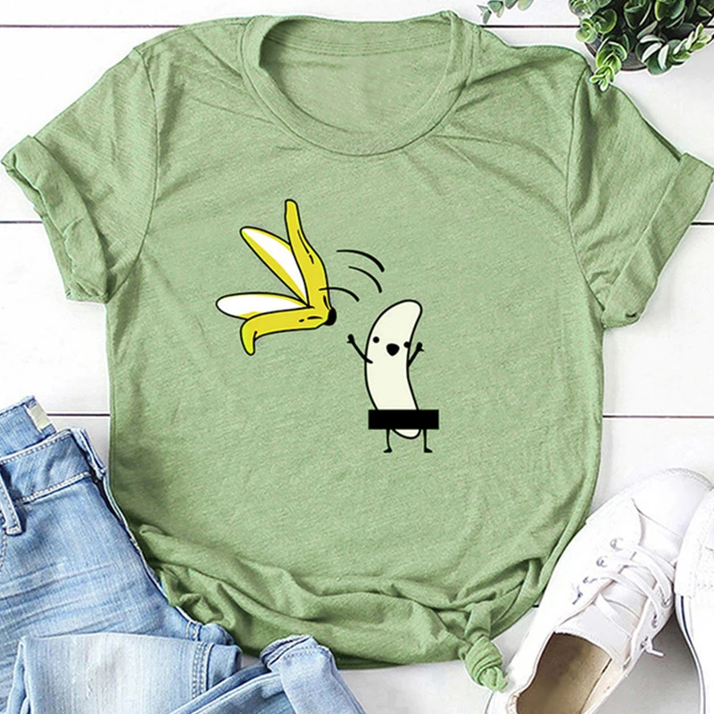 Casual Cotton Funny T-shirt Women's Nude Color Banana Cartoon Printing Short-sleeved O-neck Cute Women Summer 2019 | Женская одежда