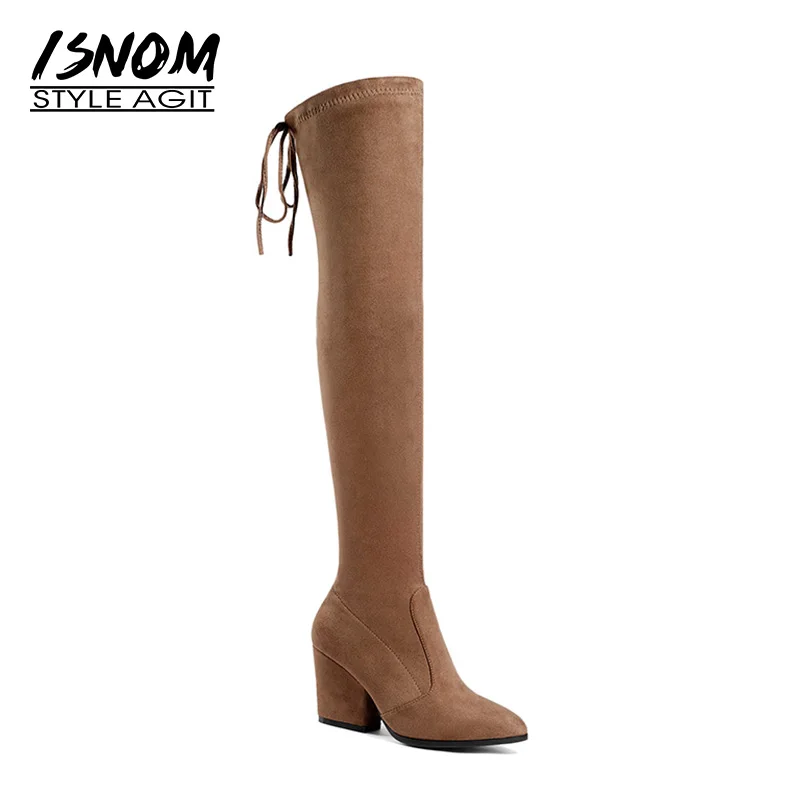 Модные трендовые женские эластичные высокие сапоги ISNOM 2019 зимние на толстом