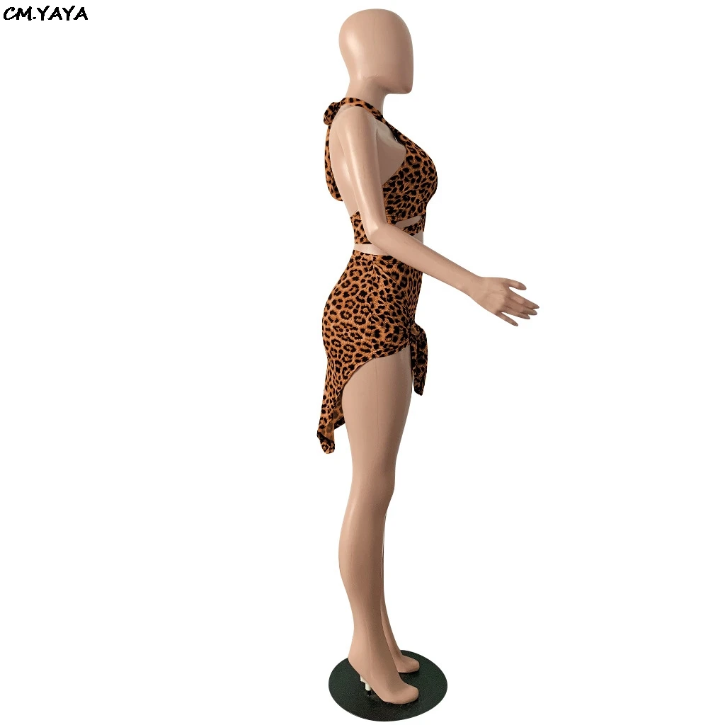 Женский костюм с леопардовым принтом укороченный топ лямкой на шее и юбка миди