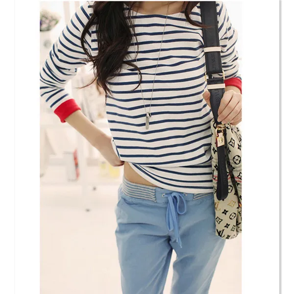 Лидер продаж женские белого и синего цвета в полоску Женщины Top o-образным вырезом