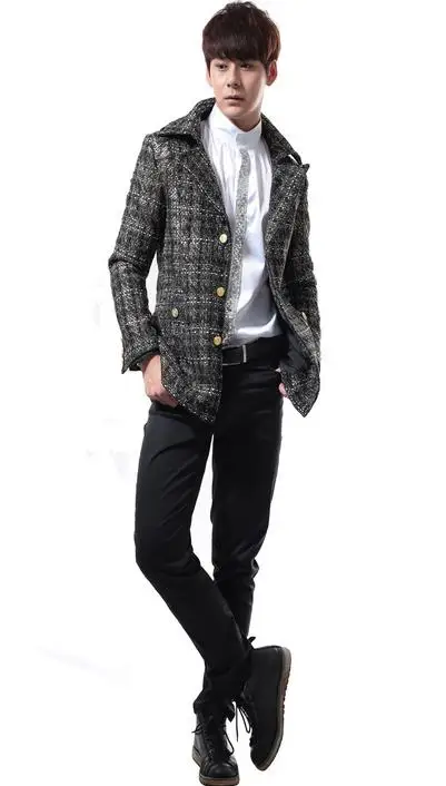 

Black gray england Wild fashion Korean Woolen plaid suits mens Leisure Medium long blazer men Business suit Overcoat Jacket