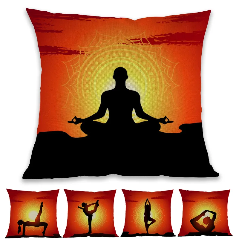 Yoga Action Exercise Figures Dusk Sunset Orange Red Background Pillow Case Home Yoga Studio Room Sofa Decor Cushion Cover