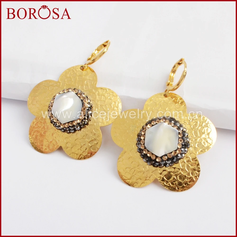 Золотистые металлические висячие серьги BOROSA, украшенные натуральным жемчугом, бриллианты для женщин и девушек, ювелирные изделия JAB804