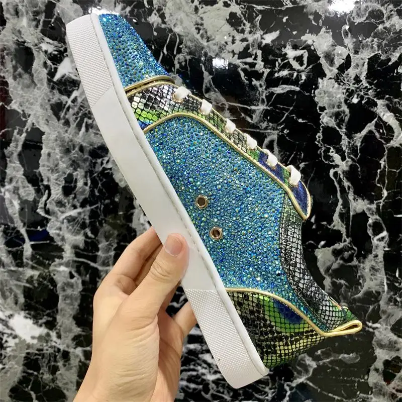 Ботинки мужские с кристаллами повседневные блестящие низкие Туфли змеиная кожа