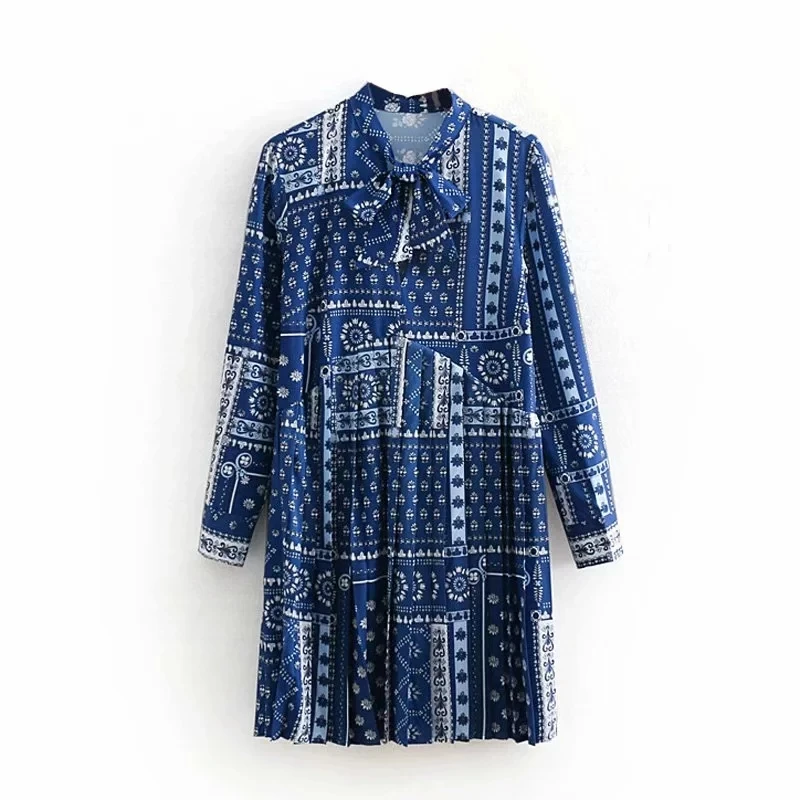Женское платье в стиле пэчворк синее весенне летнее женское Плиссированное