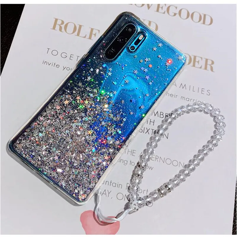 Sequins Glitter Bling Phone Case For Huawei P30 Pro P20 Lite Mate 20 10 Honor 9 Soft Clear Cases With Pearl Lanyard |