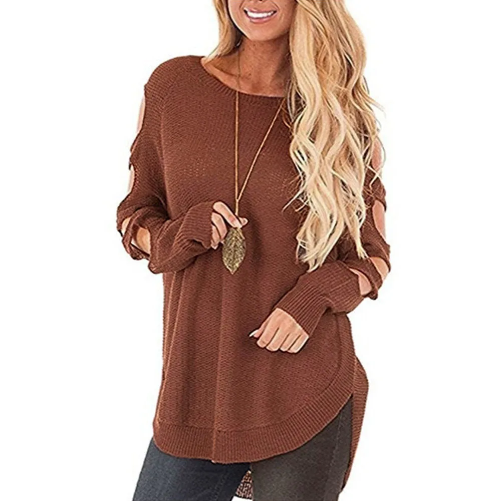 Женский трикотажный пуловер с круглым вырезом и длинным рукавом свободный