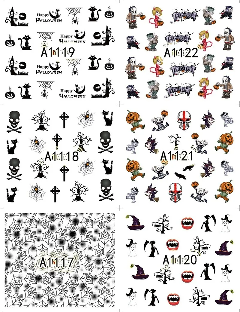 12 листов переводные наклейки на ногти с черепом Пауком черной кошкой ведьмой |