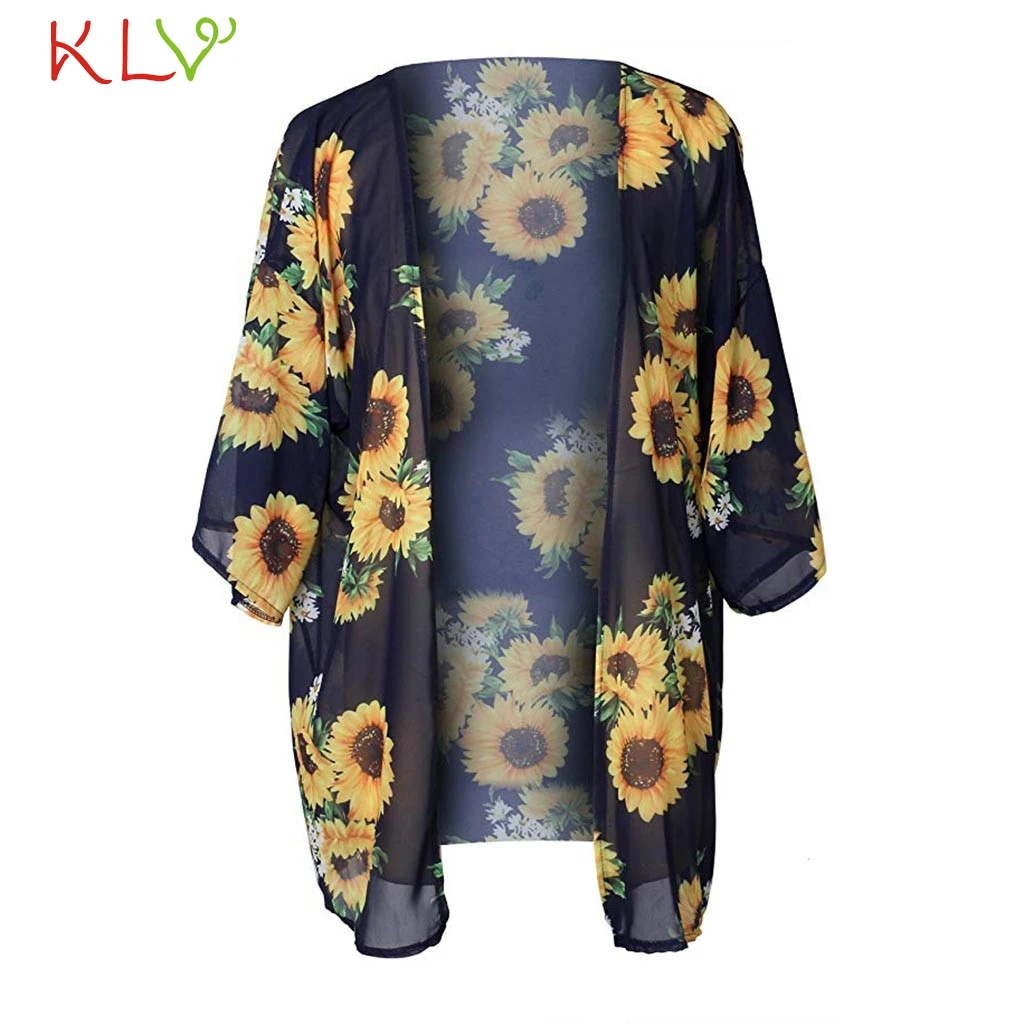 Sunflower Print Кимоно, кардиган, женский, длинный, летний, Подсолнух, цветочный принт, кимоно, Mujer, кимоно, плюс размер, блузка, Пляжная, Harajuku Femininas 19My - Цвет: Sunflower Print