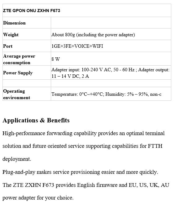 Zte GPON ONT ZXHN F673 FTTH FTTO ONU с 4GE+ Тел+ wifi английская версия
