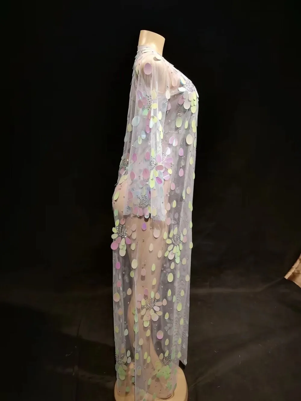 Sparkly Multicolor Sequins Mesh Bodysuit Long Jacket See Through Clothes Set Women's Dance Show Wear Birthday Celebrate Outfit