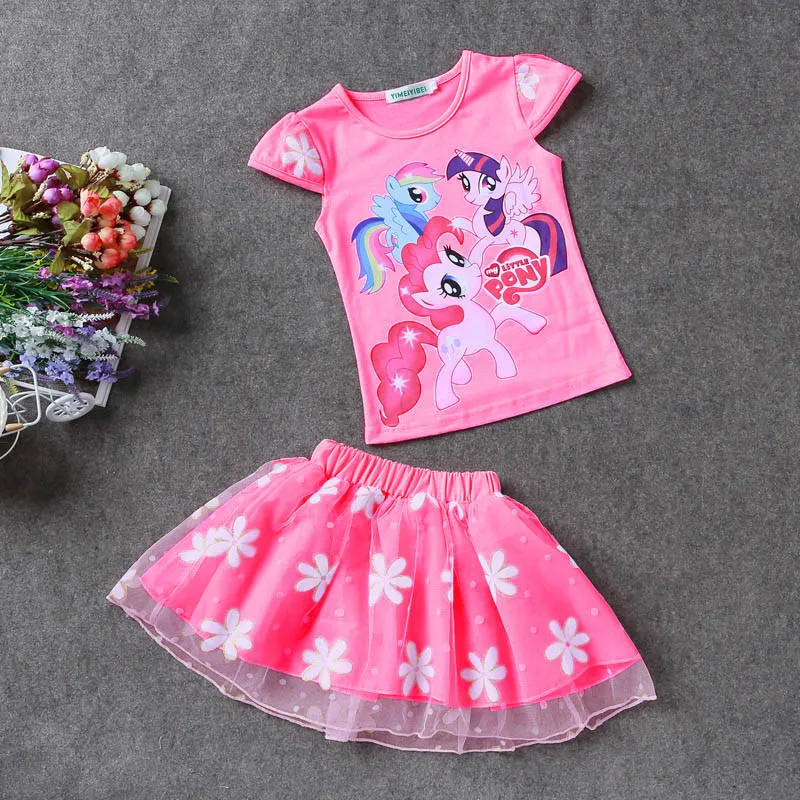 2018 новые Zomer Kinderkleding комплекты маленькая футболка с изображением пони + Туту Rok 2 stks