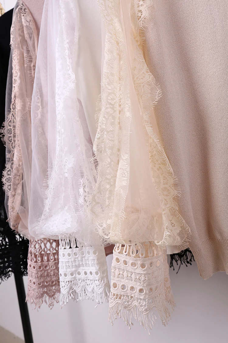 Весна 2020 белая газовая трикотажная одежда с кружевными рукавами милый свитер