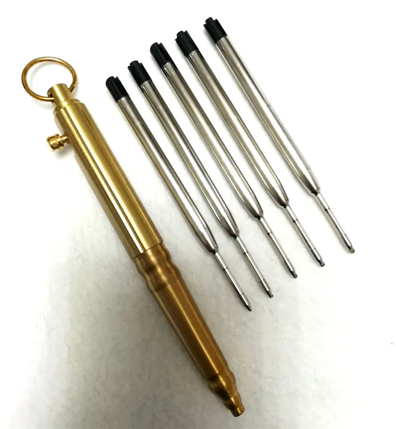 pen with 5pc Refill Твердая латунь EDC Болт действие Шариковая ручка унисекс тактические ручки Золотой Металл медный брелок аксессуары цепочки для ключей подарок на Хэллоуин - Цвет: pen with 5pc Refill