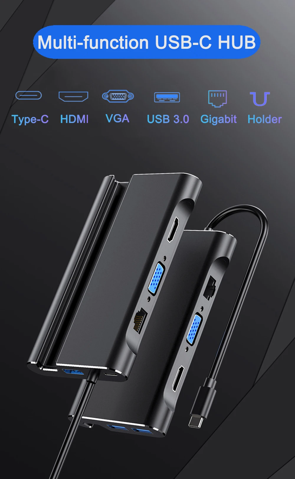 USB-C концентратор USB 3,0 HDMI VGA RJ45 Ethernet адаптер с держателем для телефона стенд Thunderbolt 3 PD для MacBook Pro huawei USB C концентратор