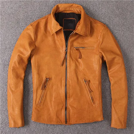 Cowleather Yellow Винтажные мужские Куртки из натуральной кожи, брендовые Большие размеры XXXL, куртки и пальто из коровьей кожи, Мужская Уличная одежда в европейском стиле - Цвет: Cowleather Yellow
