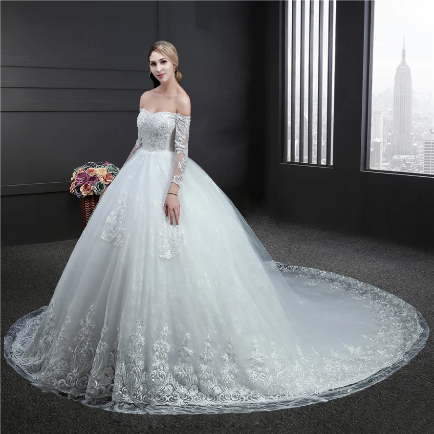 Robe de soiree Новое вышитое блестками кружевное свадебное платье с рукавом три четверти цвета слоновой кости белое свадебное платье реальные фотографии
