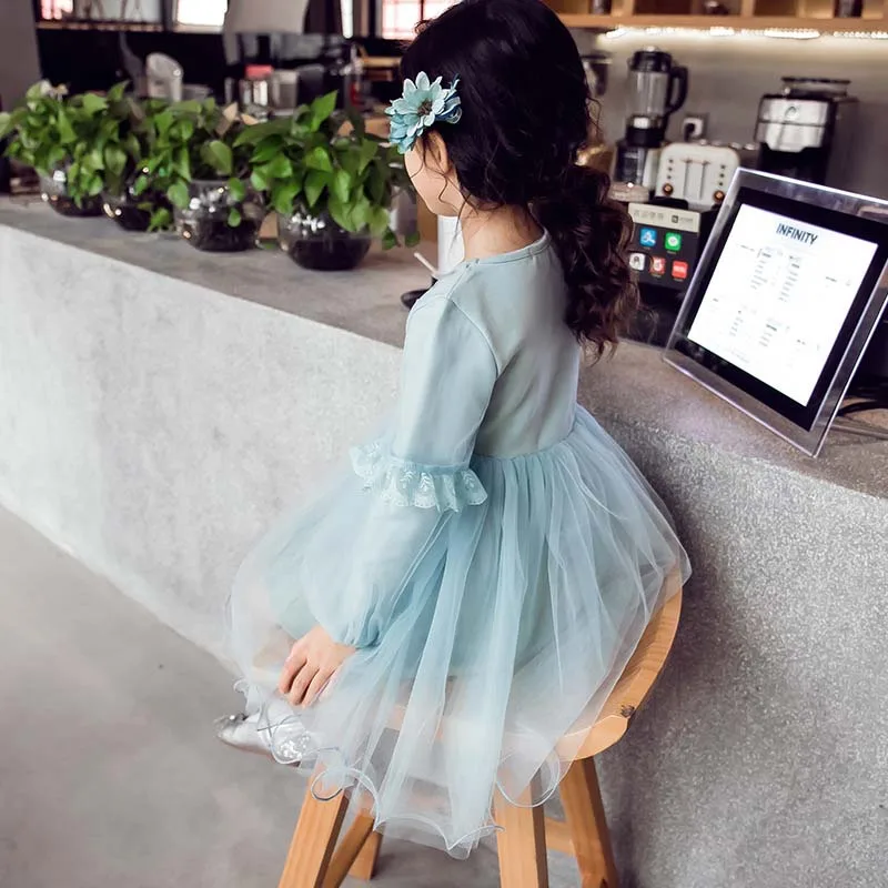 light blue Одежда для девочек, детское платье принцессы с длинными рукавами и цветочной вышивкой, платье-пачка на день рождения, RT355 - Цвет: light blue