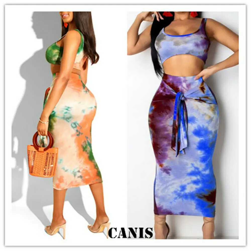 

New Elegant Fashion Bohemian Womens Ladies Summer Sexy Slim Sleeveless Beach Holiday Strappy Crop+Skirt 2pcs Set
