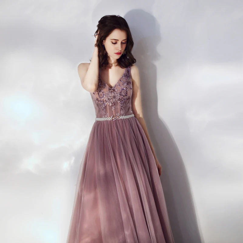 Женское кружевное платье SSYFashion элегантное фиолетовое в пол с V образным вырезом и