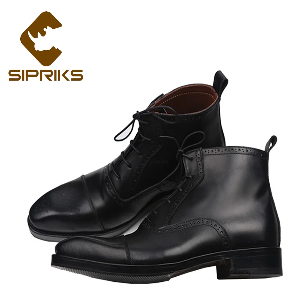 

Sipriks Mens Genuine Leather Black Boots Italian Custom Goodyear Welted Shoes Classic Carved Male Cowboy Ankle Boot Oxfords 2021
