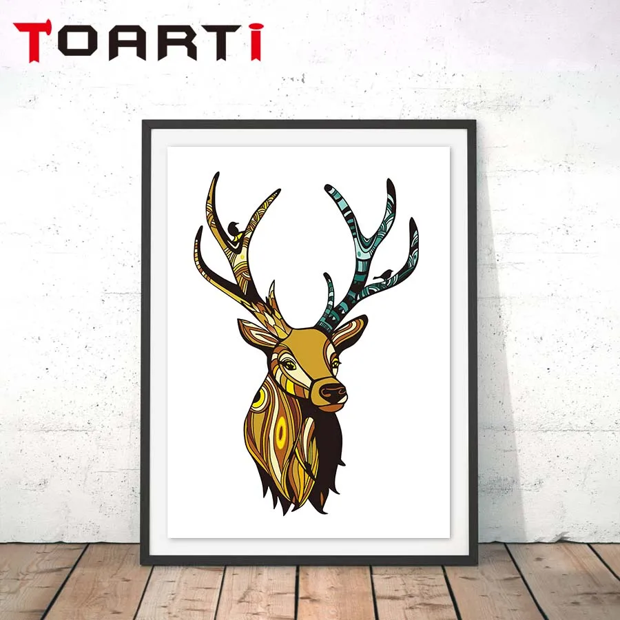 Современные винтажные рога с головой оленя животные А4 Холст Картина Большой