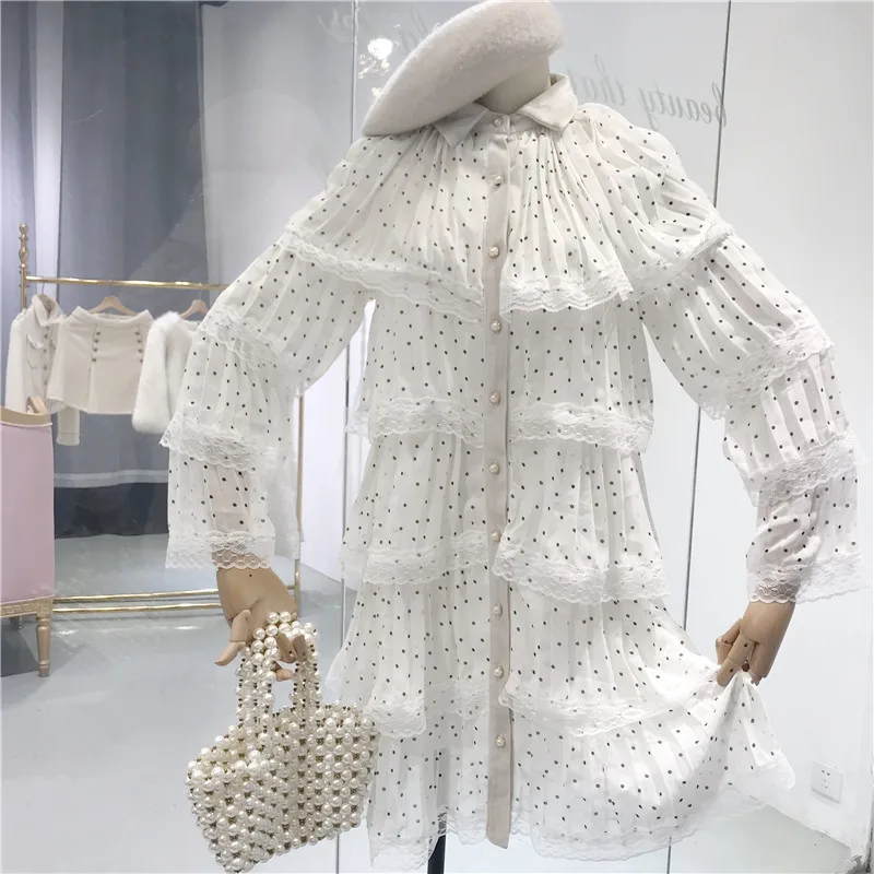 ALPHALMODA Stand Collar Pleated Dotted Chiffion Single Breasted Long Sleeve Loose Fit Ruffles Lace Border Ladies Dress | Женская одежда