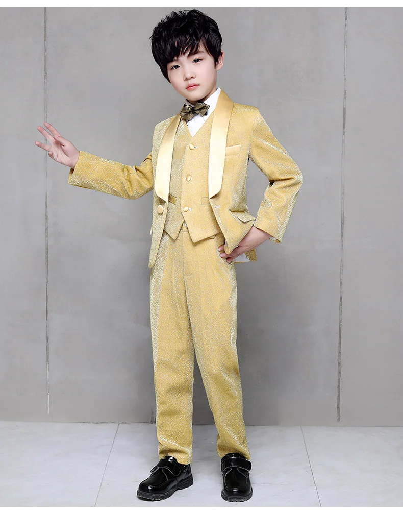 Flower Boy Wedding Dress Suit Sets Children Gold 3Pcs Catwalk Piano Costume Kids Blazer Vest Pants Shirts Clothes Sets