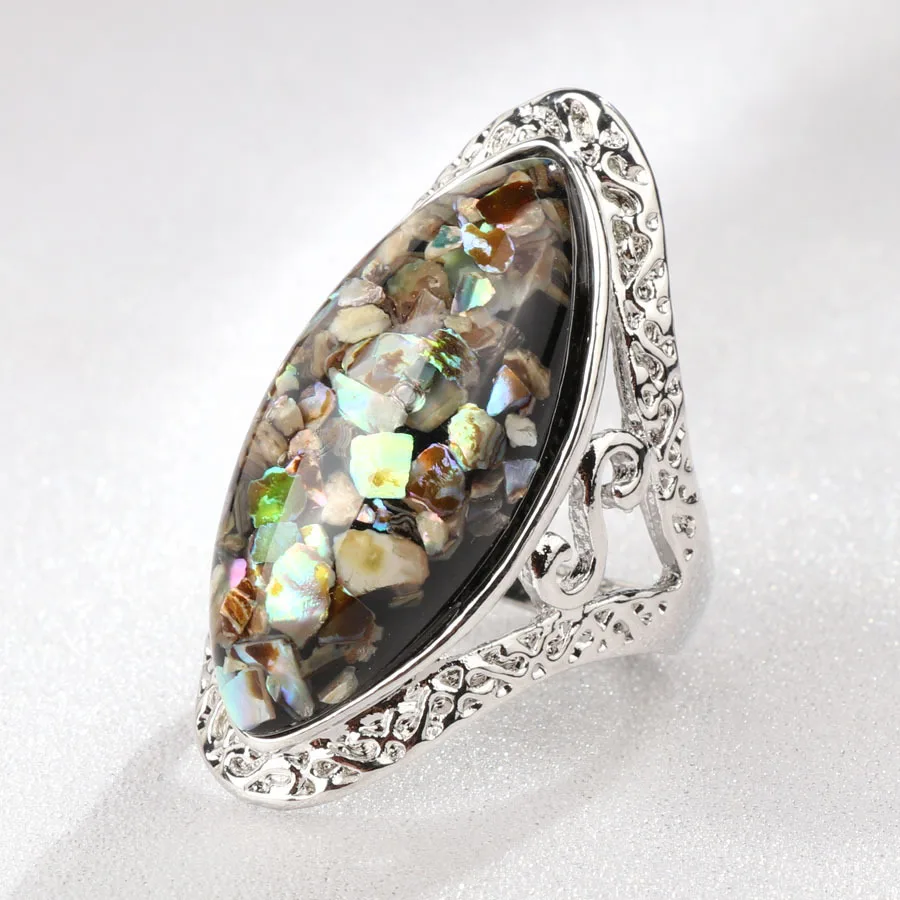 4 Color Vintage Antique silver colorful Big Oval Shell Finger Ring Band For Women Female Statement Boho Beach Jewlery | Украшения и