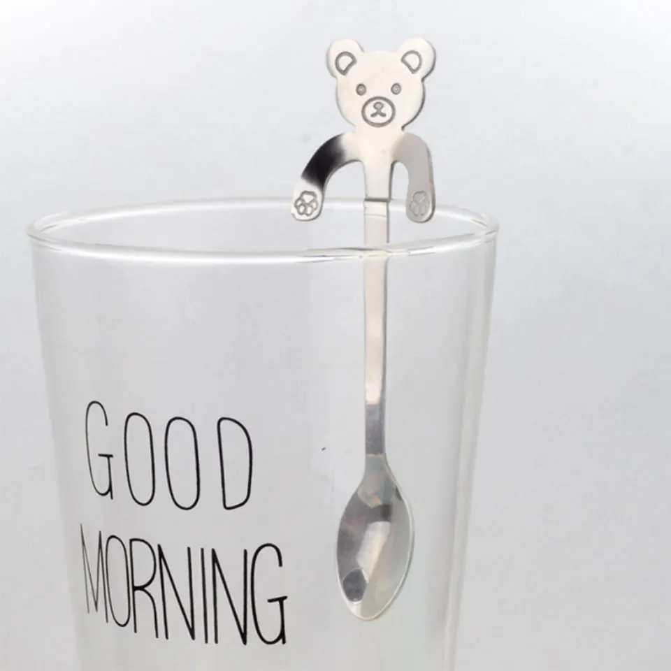 bear silver Новинка,, милая кофейная ложка с котом и медведем, 304, подвесная ложка из нержавеющей стали, креативные питьевые чайные ложки, ложка для мороженого, десерта, чайная ложка, длинная - Цвет: bear silver