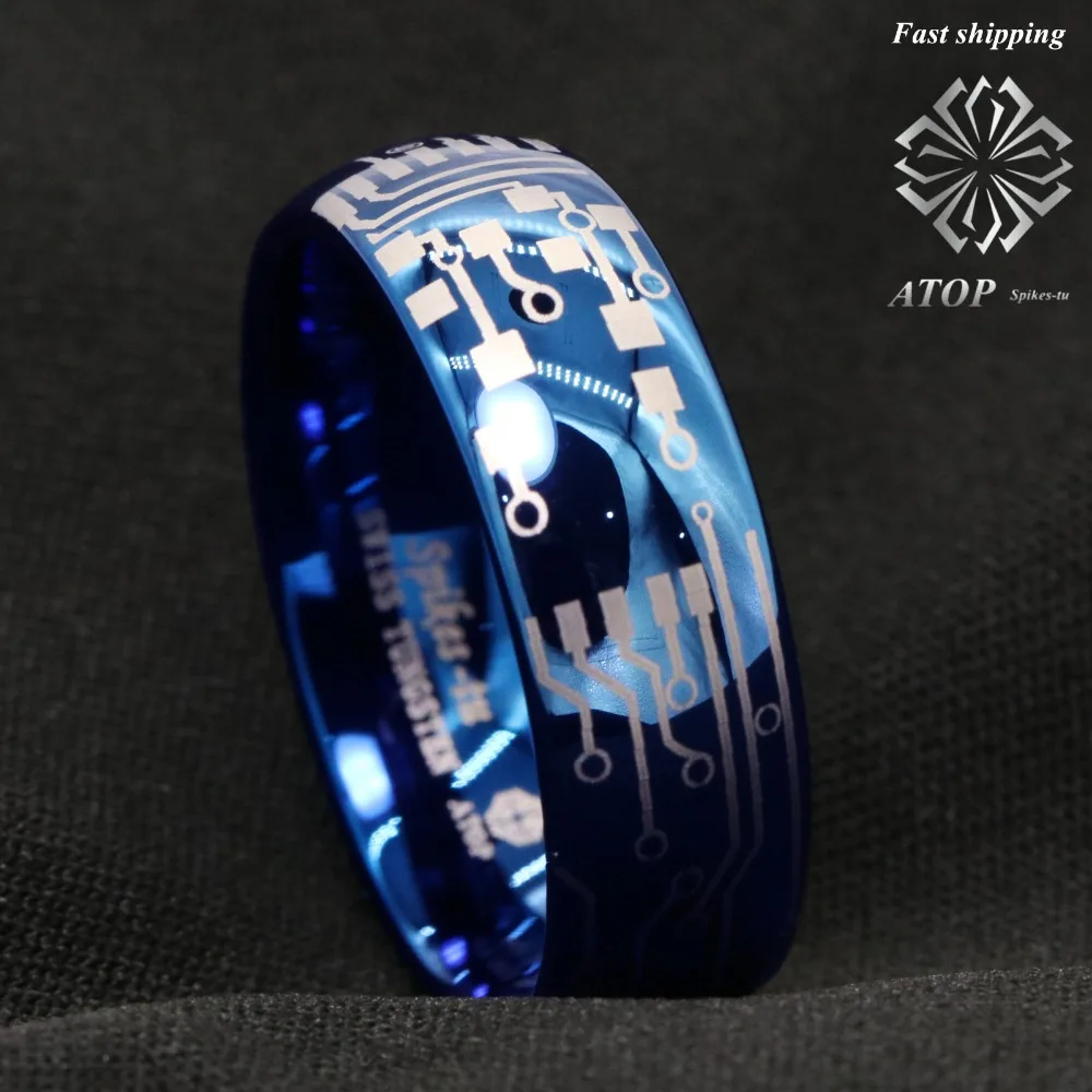 

8mm Shiny Blue Dome Tungsten Carbide Ring Laser Circuit Board ATOP Men's Jewelry Free Shipping