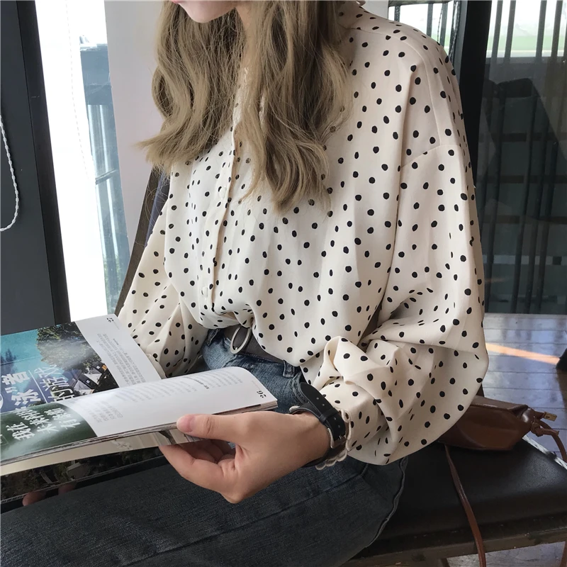 Рубашка женская шифоновая универсальная элегантная Свободная блузка в горошек
