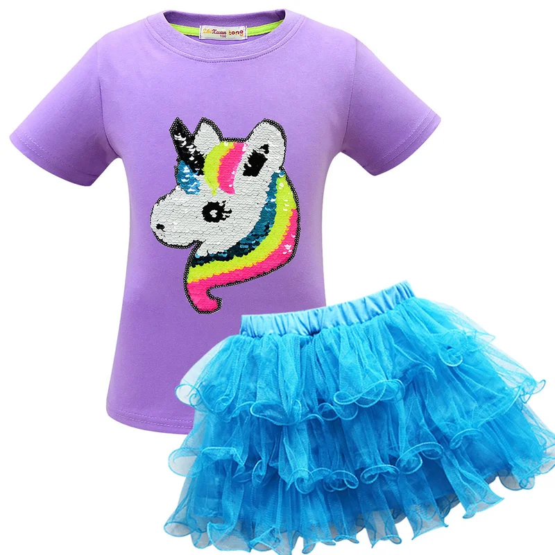 

Unicorn Party Clothes Set Baby Girl Kid Unicorn Sequin Rainbow Tops Skirt Fancy Tutu Dresses Children Birthday Costumes Outfits