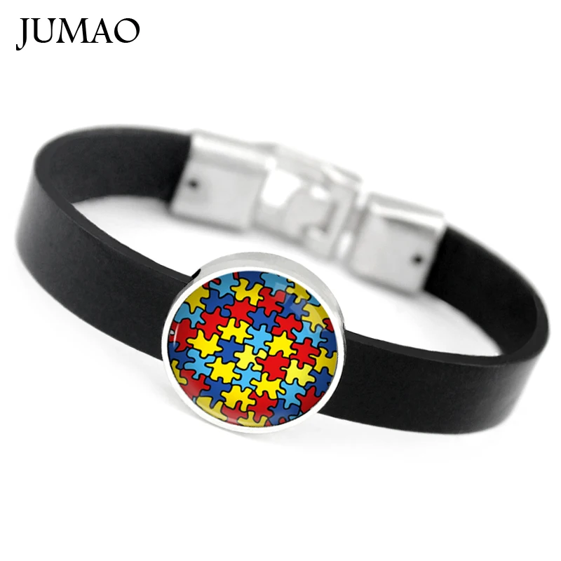 Осознание аутизма головоломки штук Кожаные браслеты на запястье стеклянный