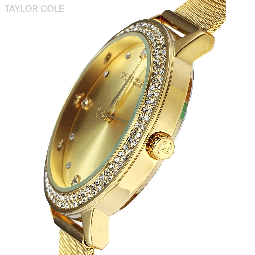 Женские часы с кристаллами Taylor Cole Модные кварцевые наручные золотого цвета