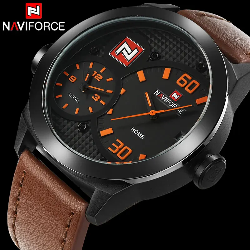 Naviforce Топ Китай бренд Для мужчин спортивные часы Dual Time Повседневные кожаный