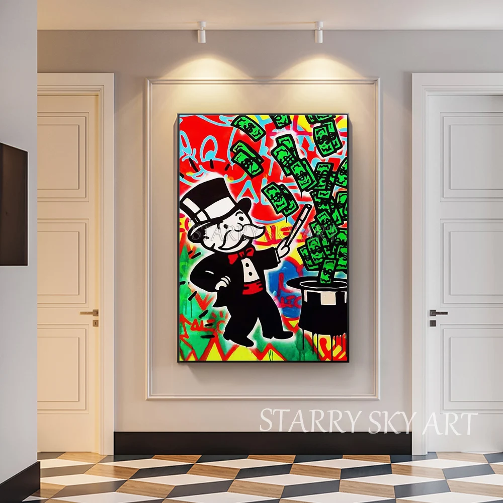 

Low Price High Quality Hand-painted Cartoon Figure Magician Rich Man Oil Painting on Canvas Pop Fine Art Moneybags Oil Painting