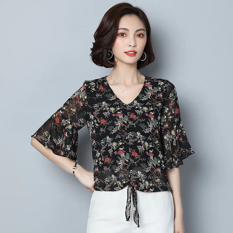 Summer Fashion Floral Loose Leisure Bohemian Wind Print Women Chiffon Shirts Blouses |