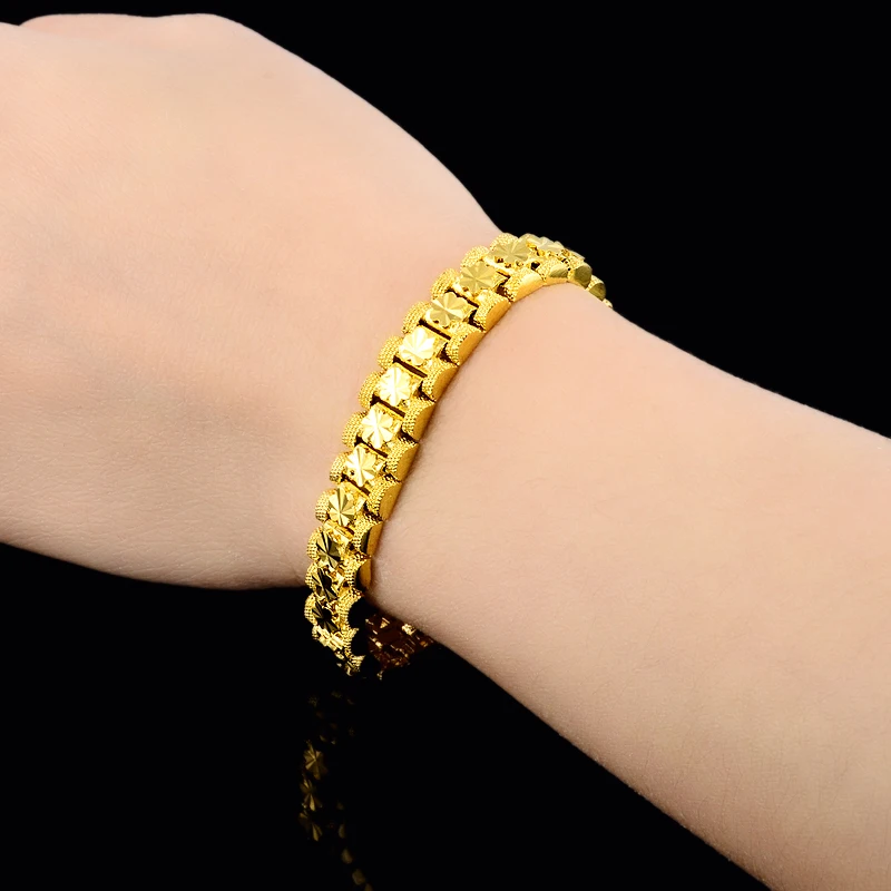 pure Gold Color women's Bracelets &amp Bangles 24k GP 8mm width Strap shape bracelet 18.5cm fashion Luxury Women Wedding Jewelry |