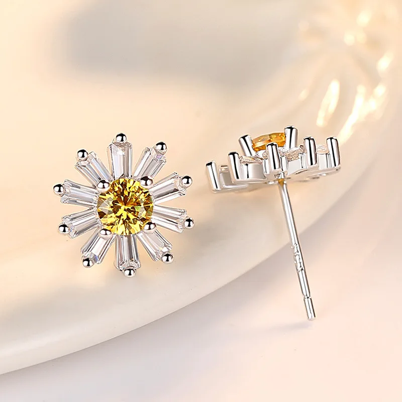 OMHXZJ Wholesale Personality Fashion Sweet Woman Girl Gift White &amp Yellow Sakura Daisy 925 Sterling Silver Stud Earrings YS468 |
