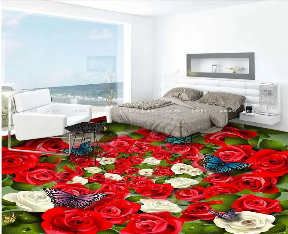 Современные стикер 3D пол красно белые розы бабочки Mural 3d ПВХ обои самоклеящиеся