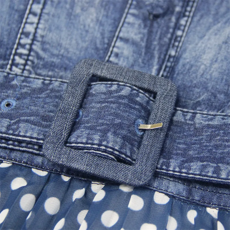 Женское винтажное джинсовое платье в горошек кружевное шифоновое составного